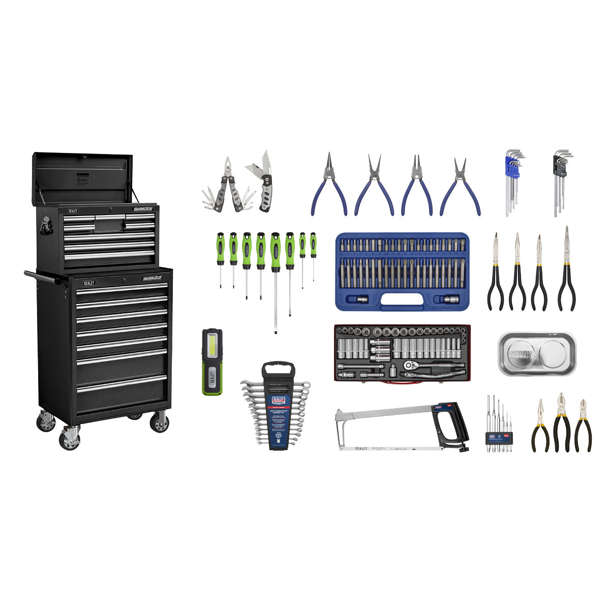 The Sealey Topchest & Rollcab Combination 15 Drawer with Ball-Bearing Slides - Black & 148pc Tool Kit (APCOMBOBBTK58) showcases various types of tools arranged around it, including screwdrivers, pliers, a wrench set, a saw, and a digital tool.