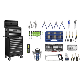 The Sealey Topchest & Rollcab Combination 15 Drawer with Ball-Bearing Slides - Black & 148pc Tool Kit (APCOMBOBBTK58) showcases various types of tools arranged around it, including screwdrivers, pliers, a wrench set, a saw, and a digital tool.