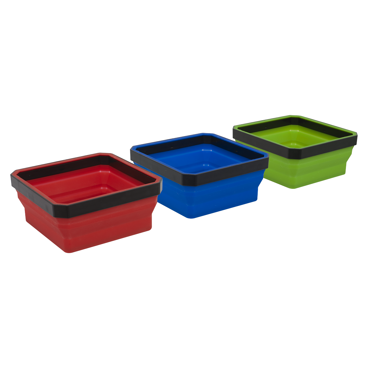 The Parts Tray Collapsible Magnetic Set - APCSTS by Sealey, featuring three square containers in red, blue, and green with black rims, aligned side by side against a white background, is ideal for storing nuts, bolts, and screws.