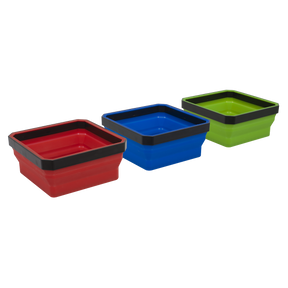 The Parts Tray Collapsible Magnetic Set - APCSTS by Sealey, featuring three square containers in red, blue, and green with black rims, aligned side by side against a white background, is ideal for storing nuts, bolts, and screws.