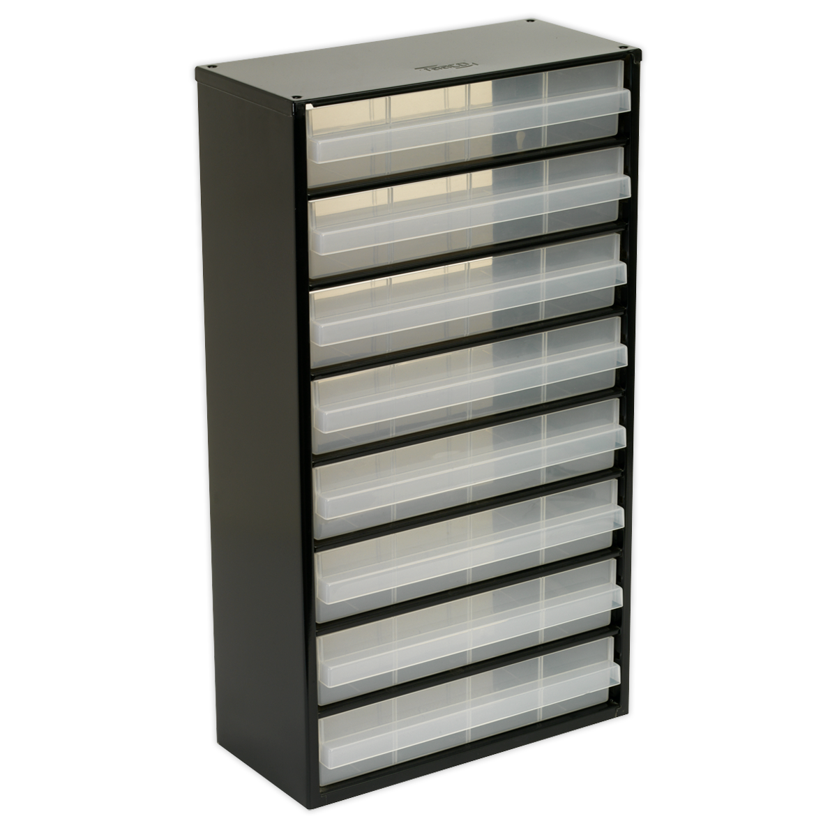 The Sealey Cabinet Box 8 Drawer - APDC08 is a black, heavy-duty steel frame storage organizer outfitted with eight semi-transparent polypropylene drawers, ideal for organizing small items or tools.