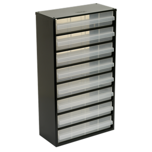 The Sealey Cabinet Box 8 Drawer - APDC08 is a black, heavy-duty steel frame storage organizer outfitted with eight semi-transparent polypropylene drawers, ideal for organizing small items or tools.