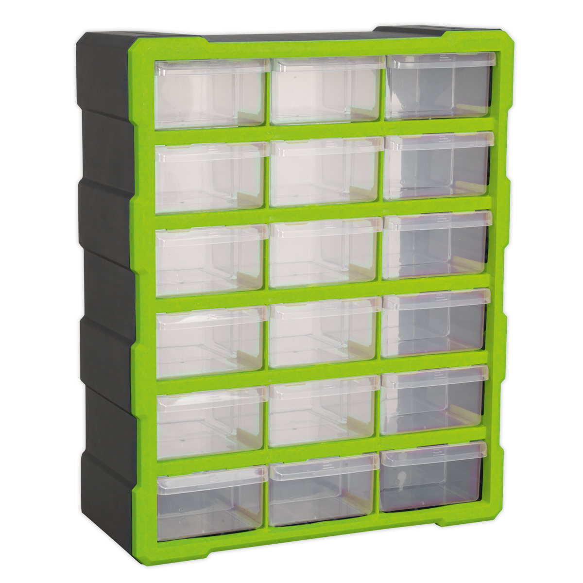 The Sealey Cabinet Box 18 Drawer - Green/Black (APDC18HV) is a versatile plastic storage organizer featuring 18 clear, impact-resistant composite drawers arranged in four rows, making it perfect for storing a range of small to large fixings. It is ideal for wall mounting.