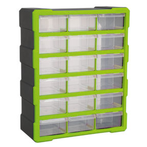 The Sealey Cabinet Box 18 Drawer - Green/Black (APDC18HV) is a versatile plastic storage organizer featuring 18 clear, impact-resistant composite drawers arranged in four rows, making it perfect for storing a range of small to large fixings. It is ideal for wall mounting.
