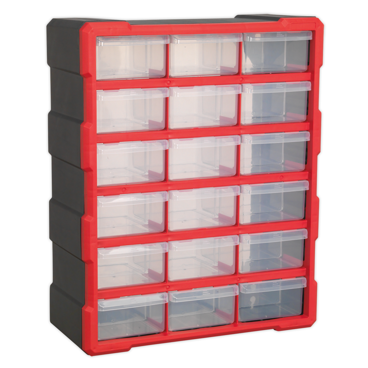 The Sealey Cabinet Box 18 Drawer - Red/Black (APDC18R) is a durable wall-mountable storage unit featuring 18 impact-resistant composite drawers arranged in five rows and four columns, housed in a robust red and black frame.