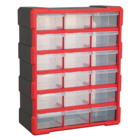 The Sealey Cabinet Box 18 Drawer - Red/Black (APDC18R) is a durable wall-mountable storage unit featuring 18 impact-resistant composite drawers arranged in five rows and four columns, housed in a robust red and black frame.