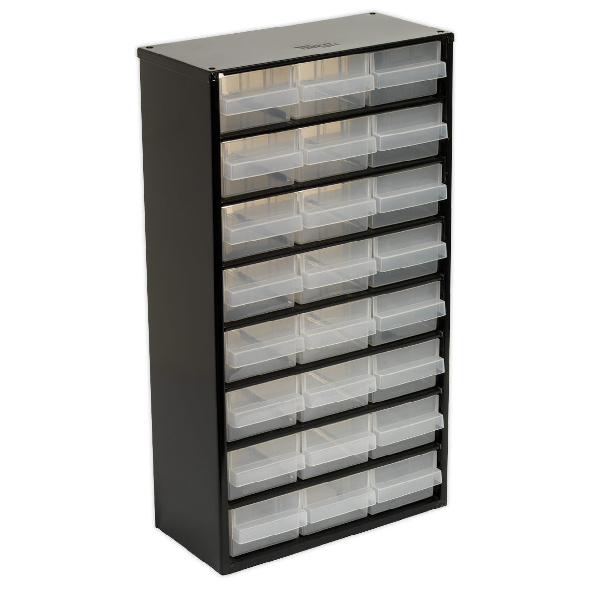 The Cabinet Box 24 Drawer - APDC24 by Sealey is a tall black storage cabinet featuring four rows of six clear polypropylene drawers, ideal for organizing small items. The unit includes a heavy-duty steel frame cabinet design, ensuring both durability and stability.