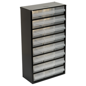 The Cabinet Box 24 Drawer - APDC24 by Sealey is a tall black storage cabinet featuring four rows of six clear polypropylene drawers, ideal for organizing small items. The unit includes a heavy-duty steel frame cabinet design, ensuring both durability and stability.