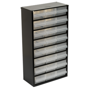 The Cabinet Box 24 Drawer - APDC24 by Sealey is a tall black storage cabinet featuring four rows of six clear polypropylene drawers, ideal for organizing small items. The unit includes a heavy-duty steel frame cabinet design, ensuring both durability and stability.