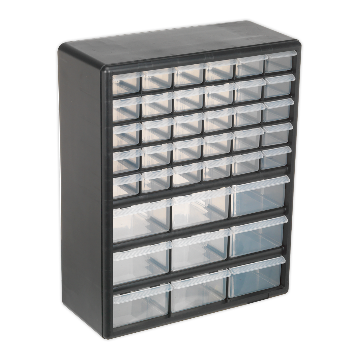 The Sealey Cabinet Box 39 Drawer - APDC39 is a black plastic organizer featuring several small clear drawers arranged in multiple rows and columns, perfect for wall mounting storage. It's ideal for storing small items or tools, with impact-resistant drawers ensuring durability.