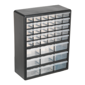 The Sealey Cabinet Box 39 Drawer - APDC39 is a black plastic organizer featuring several small clear drawers arranged in multiple rows and columns, perfect for wall mounting storage. It's ideal for storing small items or tools, with impact-resistant drawers ensuring durability.