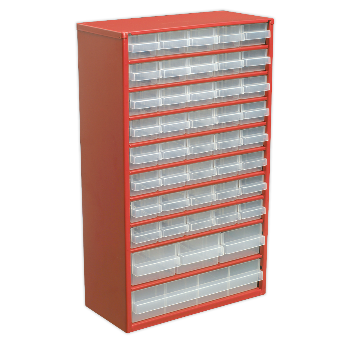 The Sealey Cabinet Box 44 Drawer - APDC45 is a tall, red storage cabinet featuring multiple rows of transparent, rectangular polypropylene drawers and a sturdy steel frame.