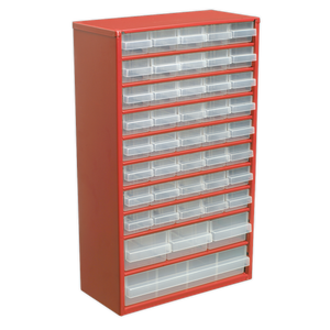 The Sealey Cabinet Box 44 Drawer - APDC45 is a tall, red storage cabinet featuring multiple rows of transparent, rectangular polypropylene drawers and a sturdy steel frame.