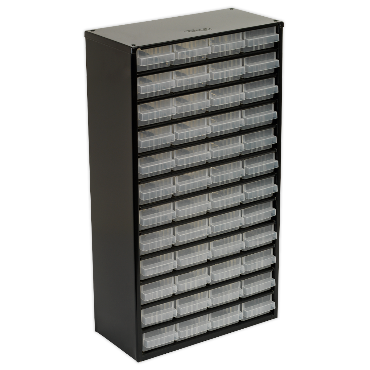 The Sealey Cabinet Box 48 Drawer - APDC48 features a black heavy-duty steel frame with 39 small transparent polypropylene drawers arranged in a 3-column, 13-row layout.