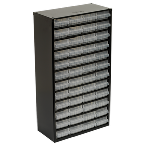 The Sealey Cabinet Box 48 Drawer - APDC48 features a black heavy-duty steel frame with 39 small transparent polypropylene drawers arranged in a 3-column, 13-row layout.