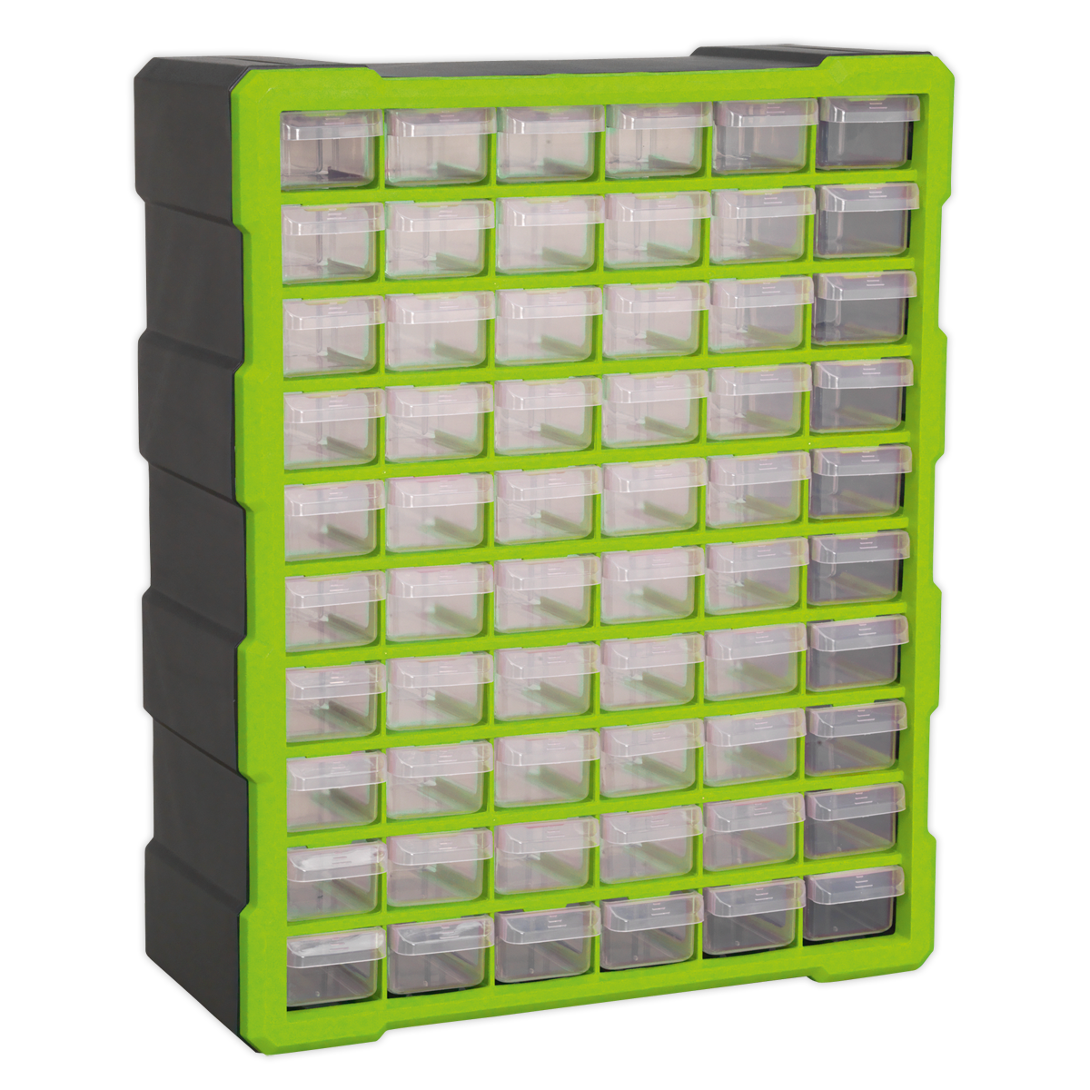 The Sealey Cabinet Box 60 Drawer - Green/Black (APDC60HV) is a plastic storage organizer featuring 60 small, transparent, impact-resistant drawers arranged in a grid. Ideal for storing fixings and components, it includes wall mounting fixing points for easy installation.