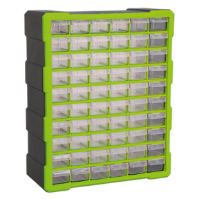 The Sealey Cabinet Box 60 Drawer - Green/Black (APDC60HV) is a plastic storage organizer featuring 60 small, transparent, impact-resistant drawers arranged in a grid. Ideal for storing fixings and components, it includes wall mounting fixing points for easy installation.