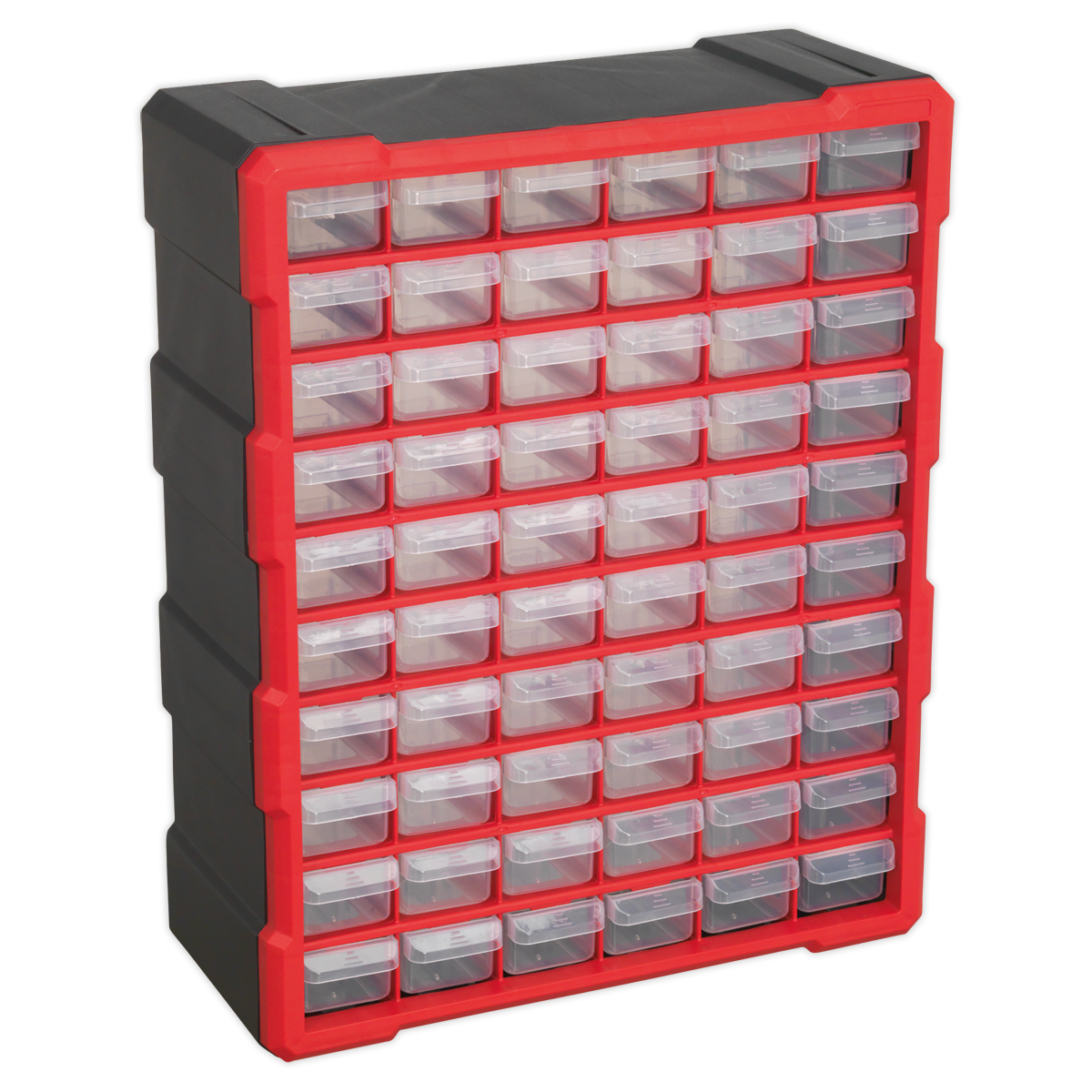 Introducing the Cabinet Box 60 Drawer - Red/Black - APDC60R by Sealey. This versatile black plastic storage organizer features sixty transparent, impact-resistant composite drawers and a striking red frame, making it perfect for storing fixings and components. Ideal for wall mounting, it seamlessly combines functionality with durability.