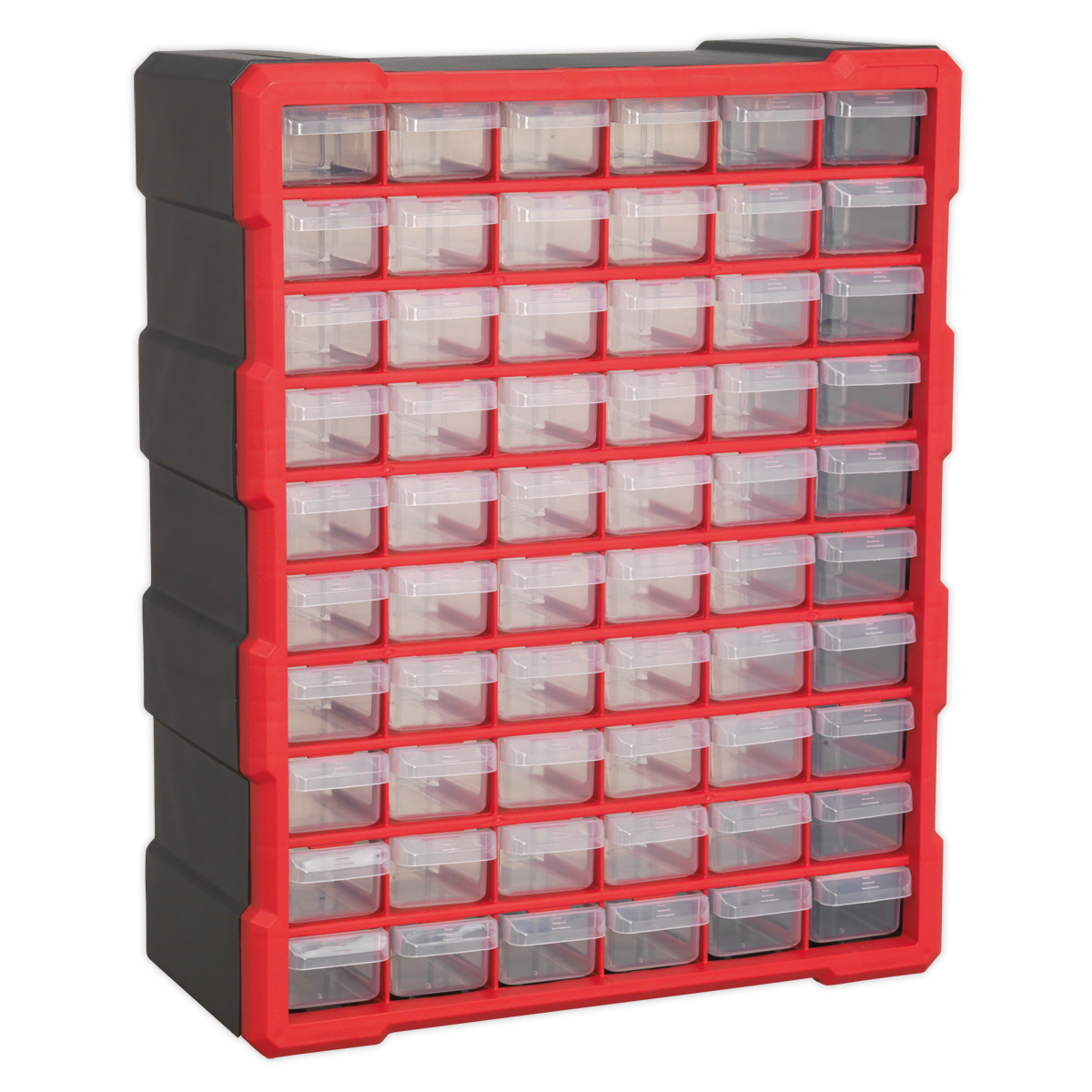 The Sealey Cabinet Box 60 Drawer - Red/Black (APDC60R) features 56 clear, impact-resistant composite drawers within a red frame, making it ideal for wall mounting and storing fixings and components.