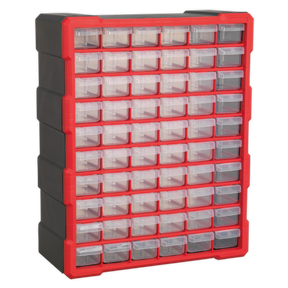 The Sealey Cabinet Box 60 Drawer - Red/Black (APDC60R) features 56 clear, impact-resistant composite drawers within a red frame, making it ideal for wall mounting and storing fixings and components.