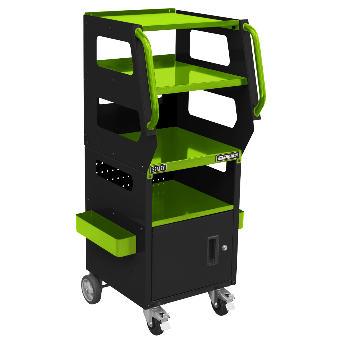 The Sealey Multipurpose Trolley for Diagnostics 4-Level - APDT435 in black and green features four shelves, side compartments, a lockable storage cabinet at the bottom, and caster wheels for easy mobility.