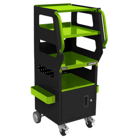 The Sealey Multipurpose Trolley for Diagnostics 4-Level - APDT435 in black and green features four shelves, side compartments, a lockable storage cabinet at the bottom, and caster wheels for easy mobility.