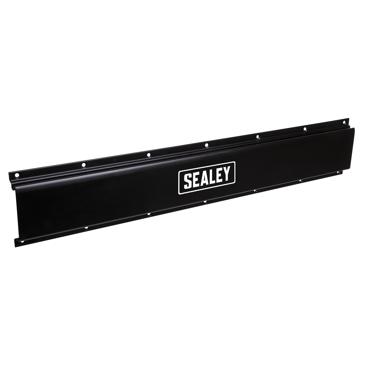 The Sealey Storage Rail Wall Mountable - APH01 is a black metal tool storage front panel featuring multiple mounting holes, the Sealey logo in white at the center, and a convenient storage base rail for added functionality.