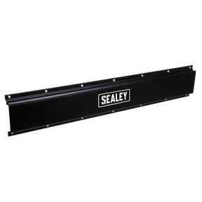 The Sealey Storage Rail Wall Mountable - APH01 is a black metal tool storage front panel featuring multiple mounting holes, the Sealey logo in white at the center, and a convenient storage base rail for added functionality.