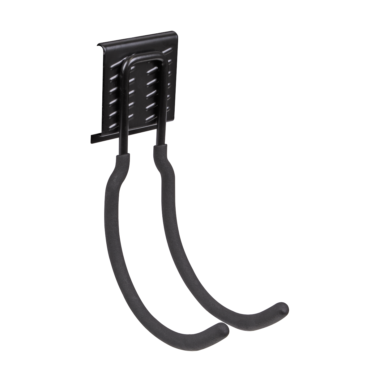 The Sealey Large J Storage Hook - APH03 is a wall-mounted black metal hook featuring a rectangular base and two curved arms, capable of supporting a maximum load of 25kg.