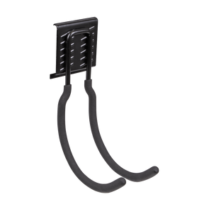 The Sealey Large J Storage Hook - APH03 is a wall-mounted black metal hook featuring a rectangular base and two curved arms, capable of supporting a maximum load of 25kg.