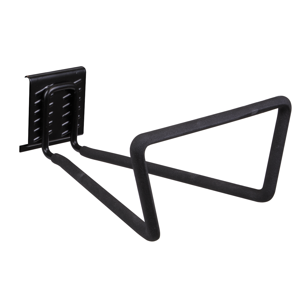 The Sealey Storage Hook Large Loop - APH05, with a black powder-coated finish, features a triangular hook for securely holding your bicycle on the wall.