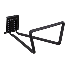 The Sealey Storage Hook Large Loop - APH05, with a black powder-coated finish, features a triangular hook for securely holding your bicycle on the wall.