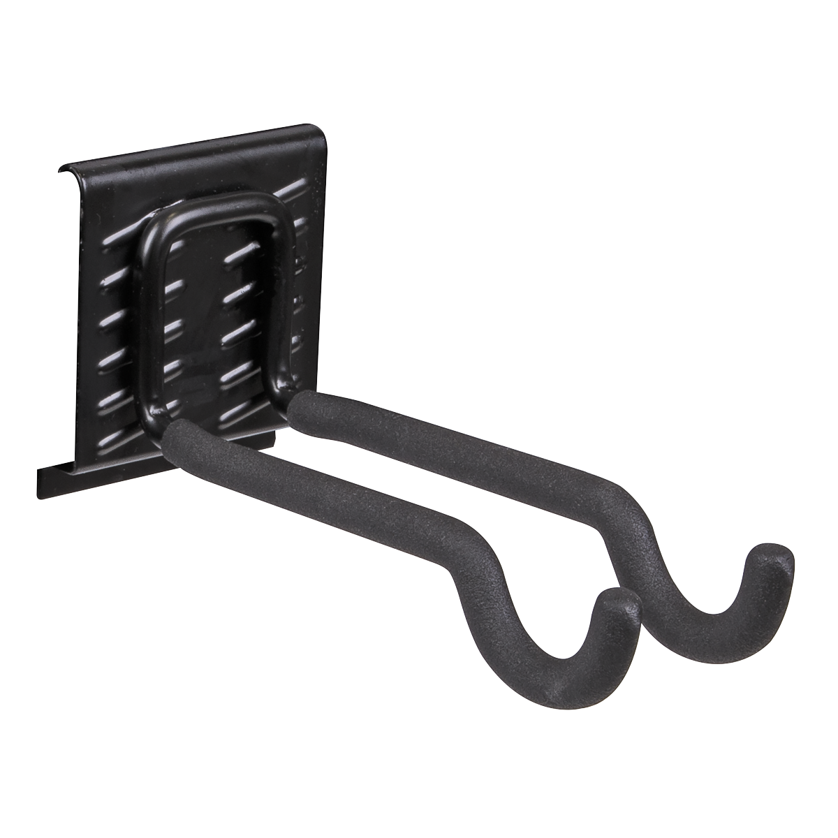 The Sealey Storage Hook Sports Equipment - APH06 is a black dual hook wall mount with a rectangular base and two curved arms, ideal for hanging items. This powder-coated storage hook offers durability and an elegant finish, making it perfect for organizing various tools.