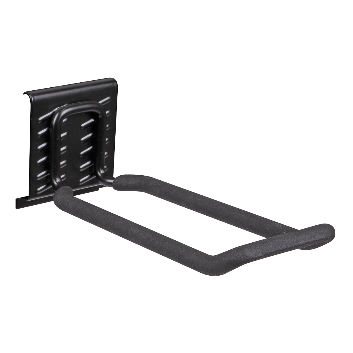 The Sealey Storage Hook Closed End - APH07 is a black, PVC-wrapped, wall-mounted storage solution designed for organizing items such as bicycles or tools, featuring a rubberized coating for enhanced grip and protection.