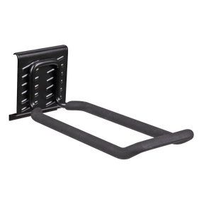 The Sealey Storage Hook Closed End - APH07 is a black, PVC-wrapped, wall-mounted storage solution designed for organizing items such as bicycles or tools, featuring a rubberized coating for enhanced grip and protection.
