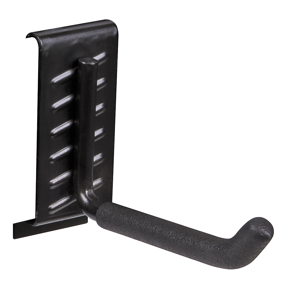 The Sealey Storage Hook Single Prong - APH09 is a black steel storage accessory featuring a rectangular mounting plate with multiple angled grooves for adjustable positioning. This wall-mountable hook, designed for use on storage rails, is covered in a textured material to enhance grip, making it ideal for long-handled tools.