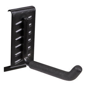 The Sealey Storage Hook Single Prong - APH09 is a black steel storage accessory featuring a rectangular mounting plate with multiple angled grooves for adjustable positioning. This wall-mountable hook, designed for use on storage rails, is covered in a textured material to enhance grip, making it ideal for long-handled tools.