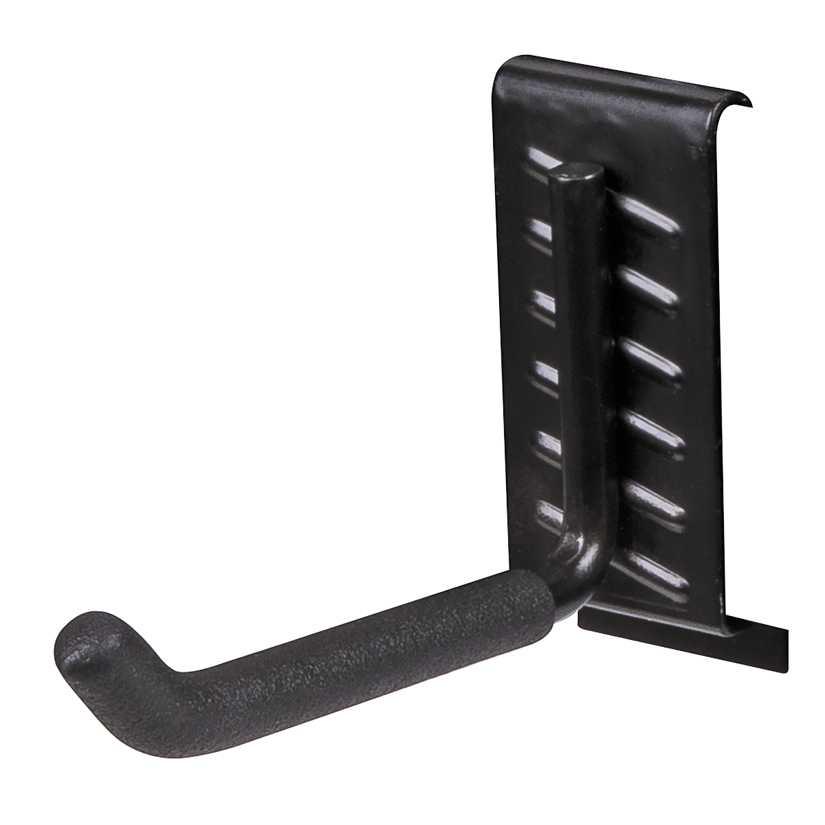 Introducing the Sealey Storage Hook Single Prong - APH09, a black metal utility hook crafted with a right-angle design and a ribbed mounting plate, perfect for organizing long handle tools. This wall-mountable storage solution features a padded, curved-end steel single storage hook for enhanced protection.