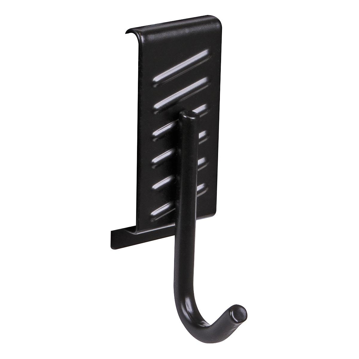 The Sealey Storage Hook Single J Prong (APH10) is a black metal hook with a rectangular base and grooves, perfect for hanging items. This wall-mountable steel storage hook is PVC wrapped for enhanced durability.