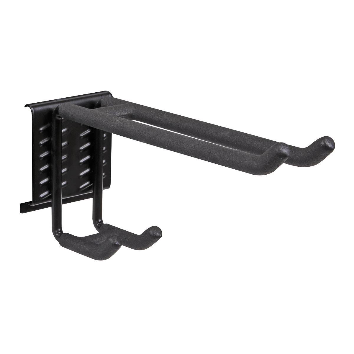 The Sealey Storage Hook Dual Utility - APH12 is a black, powder-coated, wall-mounted steel hook designed to hold items like bicycles or tools, featuring a perforated mounting plate for screws.