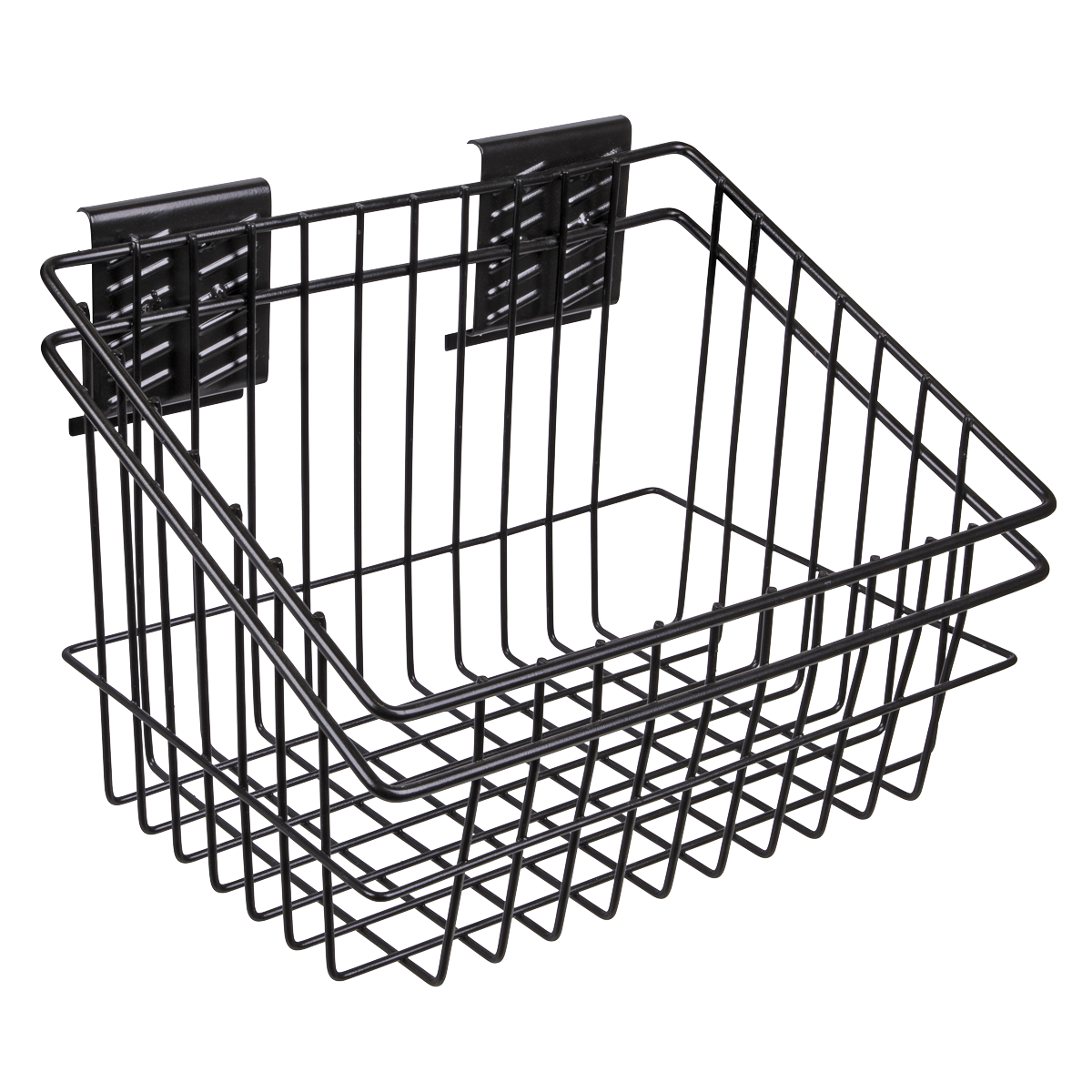 The Sealey Storage Basket - APH14 features a black steel design with a slanted front and two mounting brackets at the back, making it perfect for organizing your cleaning supplies.