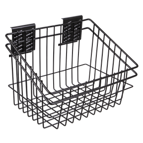 The Sealey Storage Basket - APH14 features a black steel design with a slanted front and two mounting brackets at the back, making it perfect for organizing your cleaning supplies.