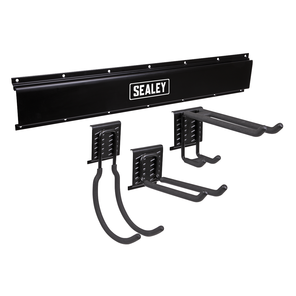 A black Sealey Multipurpose Storage Hook Kit (4pc - APHKIT1) featuring three versatile hooks for organizing tools or equipment.