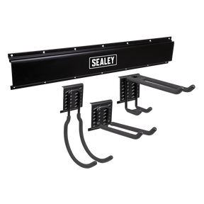A black Sealey Multipurpose Storage Hook Kit (4pc - APHKIT1) featuring three versatile hooks for organizing tools or equipment.