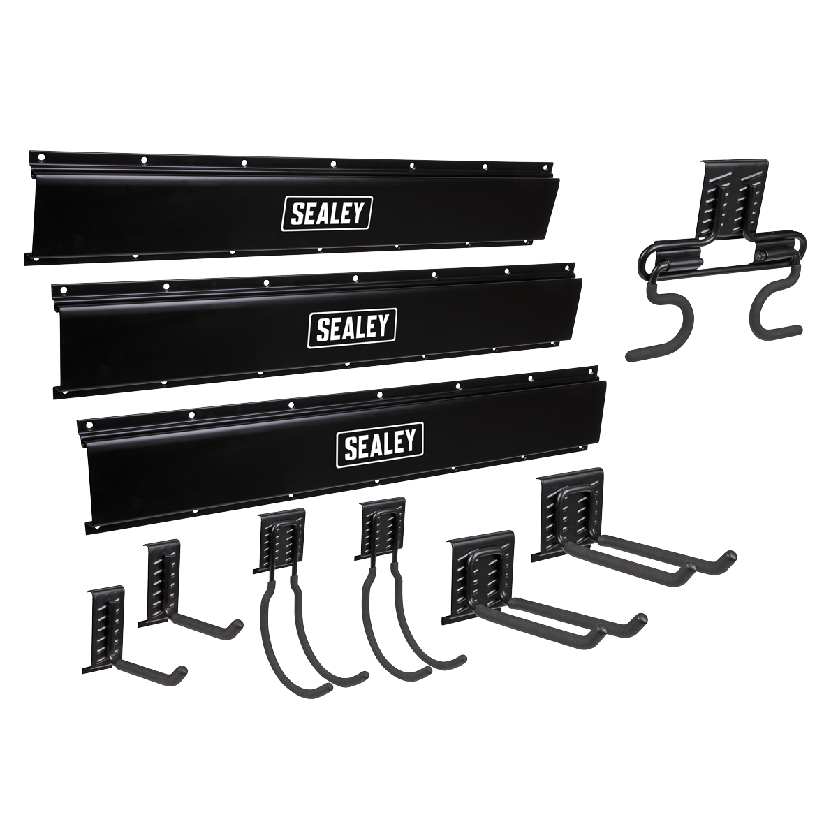 Set of black Sealey Multipurpose Storage Hook Kit 10pc - APHKIT2 with wall-mounted hooks and brackets for efficient garage organization.