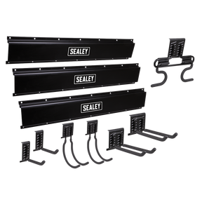 Set of black Sealey Multipurpose Storage Hook Kit 10pc - APHKIT2 with wall-mounted hooks and brackets for efficient garage organization.