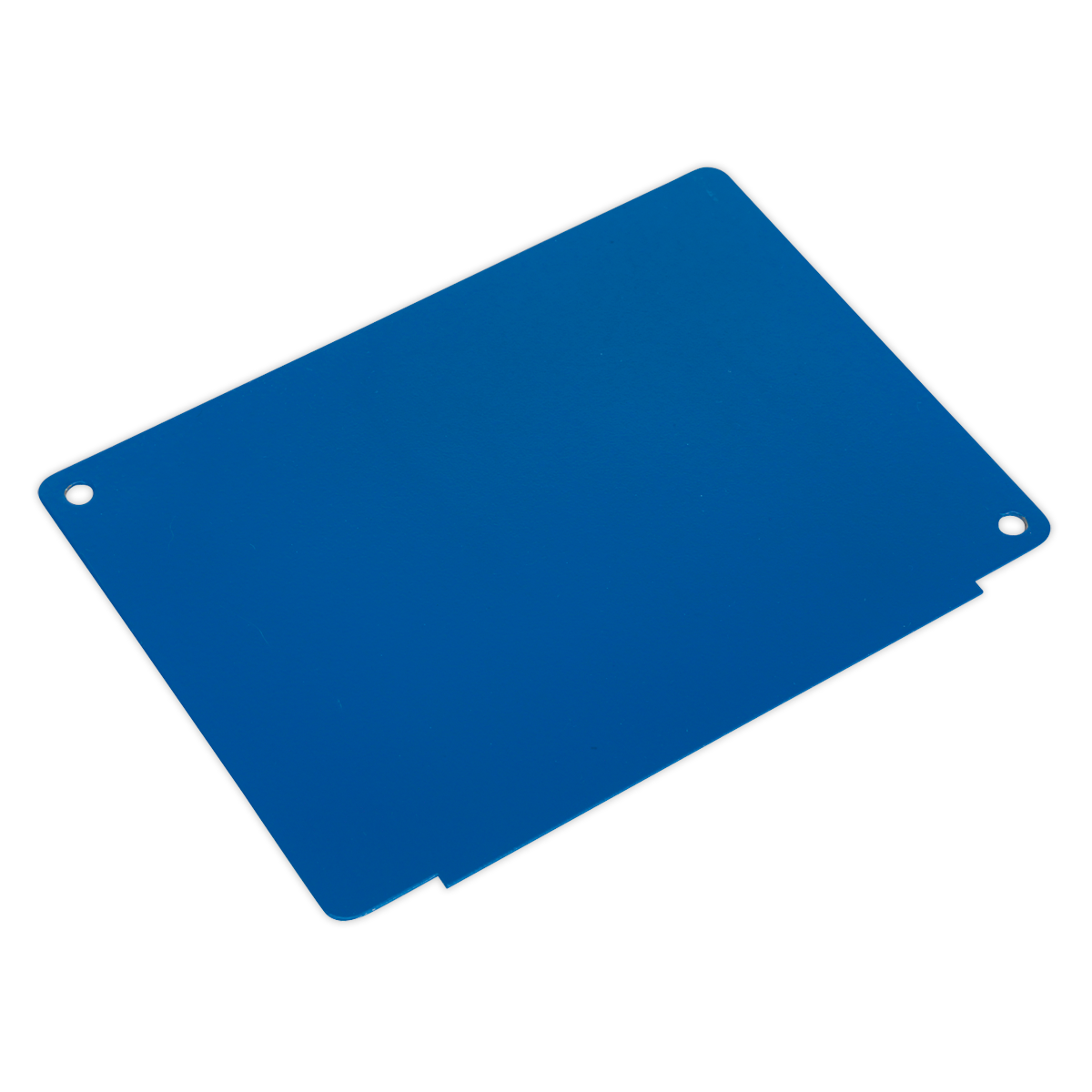 The Sealey Drawer Divider 15454 x 115mm - API-DIV08 is a blue rectangular plastic sheet with rounded corners and two small holes on the left side, ideal for use as horizontal drawer dividers in your premier industrial range storage layout.