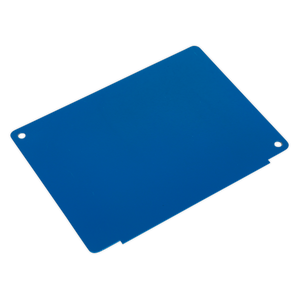 The Sealey Drawer Divider 15454 x 115mm - API-DIV08 is a blue rectangular plastic sheet with rounded corners and two small holes on the left side, ideal for use as horizontal drawer dividers in your premier industrial range storage layout.