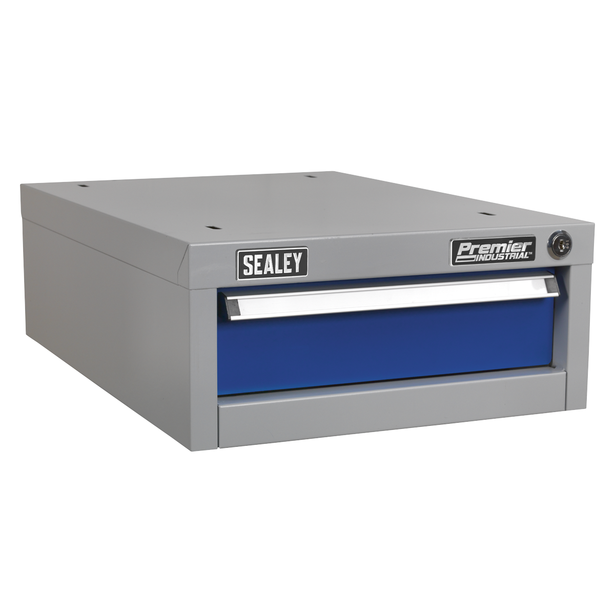 A Sealey Single Drawer Unit for API Series Workbenches (API14) featuring a gray metal frame with a slim-width blue drawer, heavy-duty slides, and a lock on the top right, perfect for an industrial workbench.