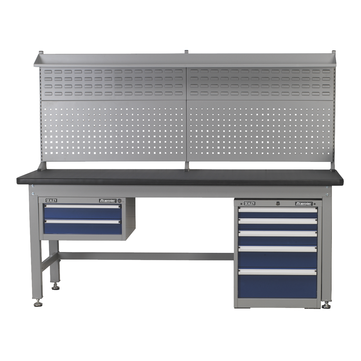 The Sealey 1.5m Complete Industrial Workstation & Cabinet Combo - API1500COMB02 features a metallic workbench with a pegboard back, a laminate worktop, and storage drawers on either side. The left side includes one drawer above a shelf, while the right side houses six drawers in total, all equipped with heavy-duty ball-bearing drawer slides for smooth operation.